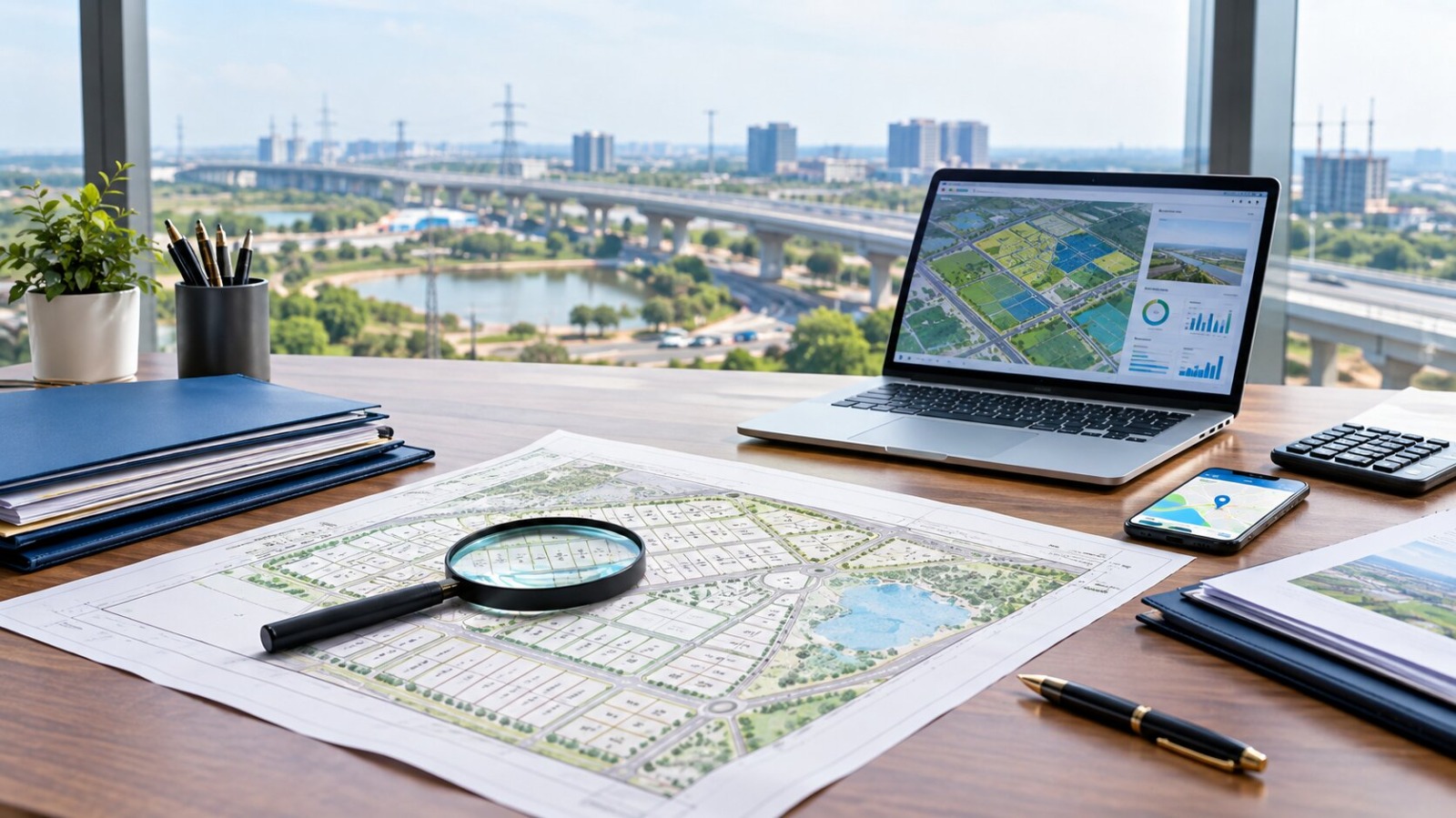 Premium real estate due-diligence desk for evaluating plot price in Dholera, featuring property plans, documents, a magnifying glass, calculator, smartphone map, laptop planning dashboard, and modern infrastructure in the background.